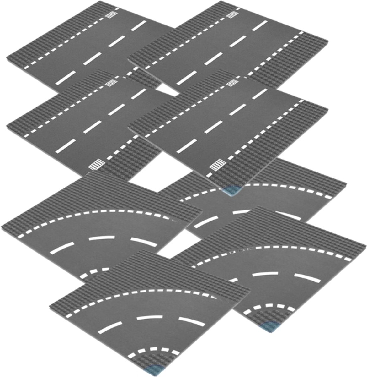 Uniblocks - Complete set wegplaten geschikt voor LEGO city - 8 Stuks - Straat Bouw Platen - wegenplaat 4x recht - 4x bocht - 25, 5 m x 25,5cm