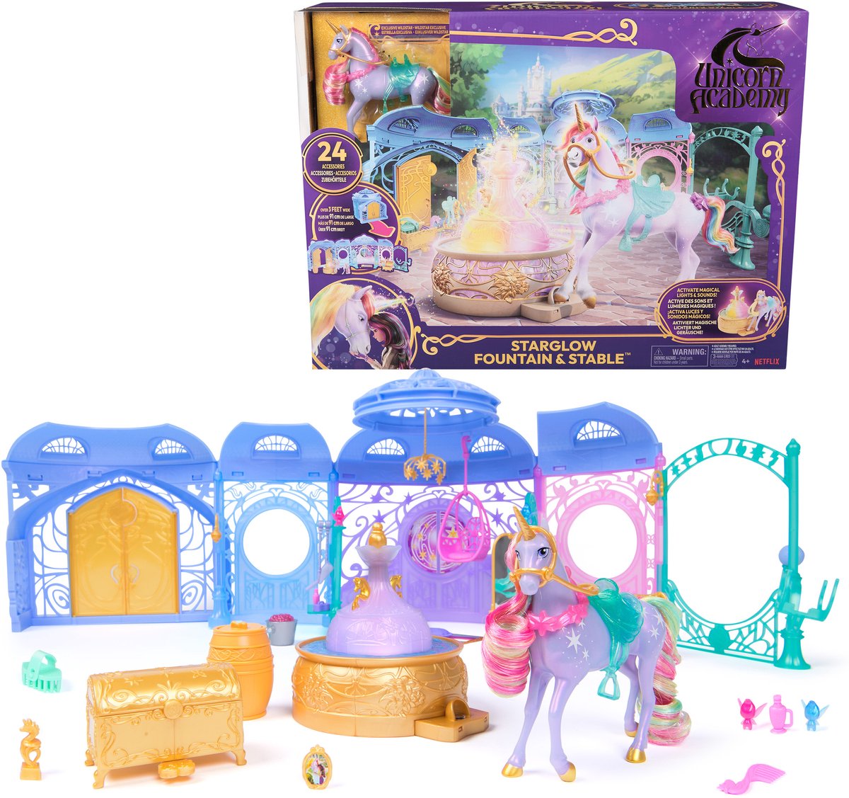 Unicorn Academy - Stal Speelset - met fontein, Wildstar, licht en geluid - 24 accessoires - Poppen en eenhoornspeelgoed