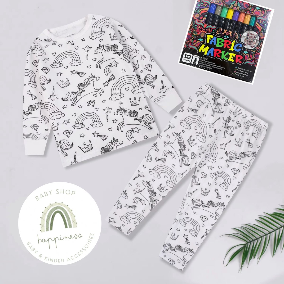 Pyjama unicorn - om zelf in te kleuren - cadeautip - verjaardag - met 12 stiften - Maat 128 - 7 jaar