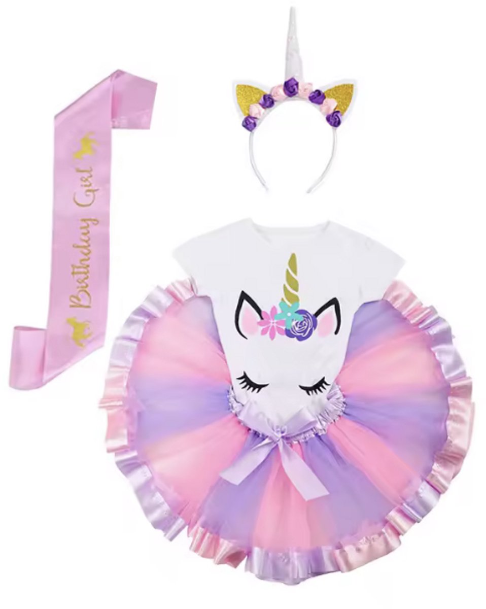 Unicorn Birthday Dress - Leeftijd: 2 Jaar - Maat: 92 - Kleur: Roze & Paars - Verjaardagsjurk / Birthday Jurk - Verjaardag Meisje - Thema: Unicorn / Paard / Prinsess - Inclusief Tutu, Haarband & Sjerp Birthday Girl - Complete Set - Hoge Kwaliteit
