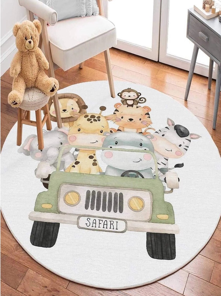 Betoverende groene babytapijt met safaridieren 160 x 160 cm