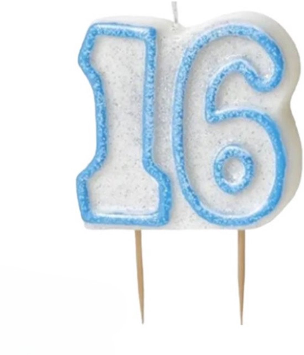 Verjaardagskaars cijfer 16 - wit-blauw
