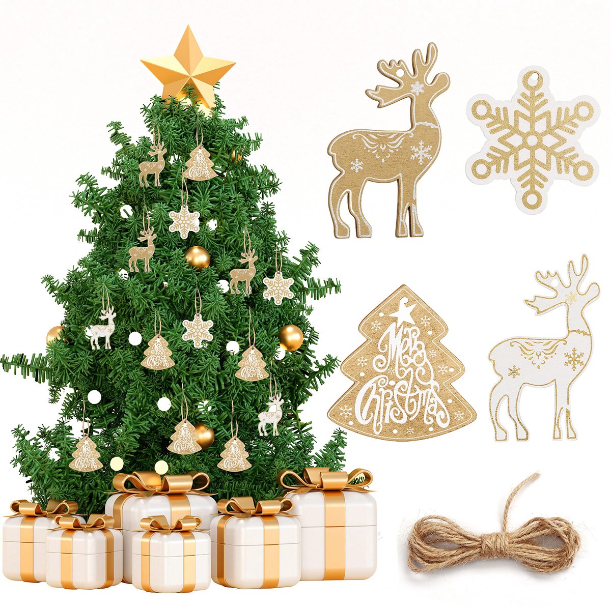 Unyqoos ® Set van 24 Luxe Houten Kerstboomdecoraties in Diverse Vormgeving voor Feestelijke Sfeer