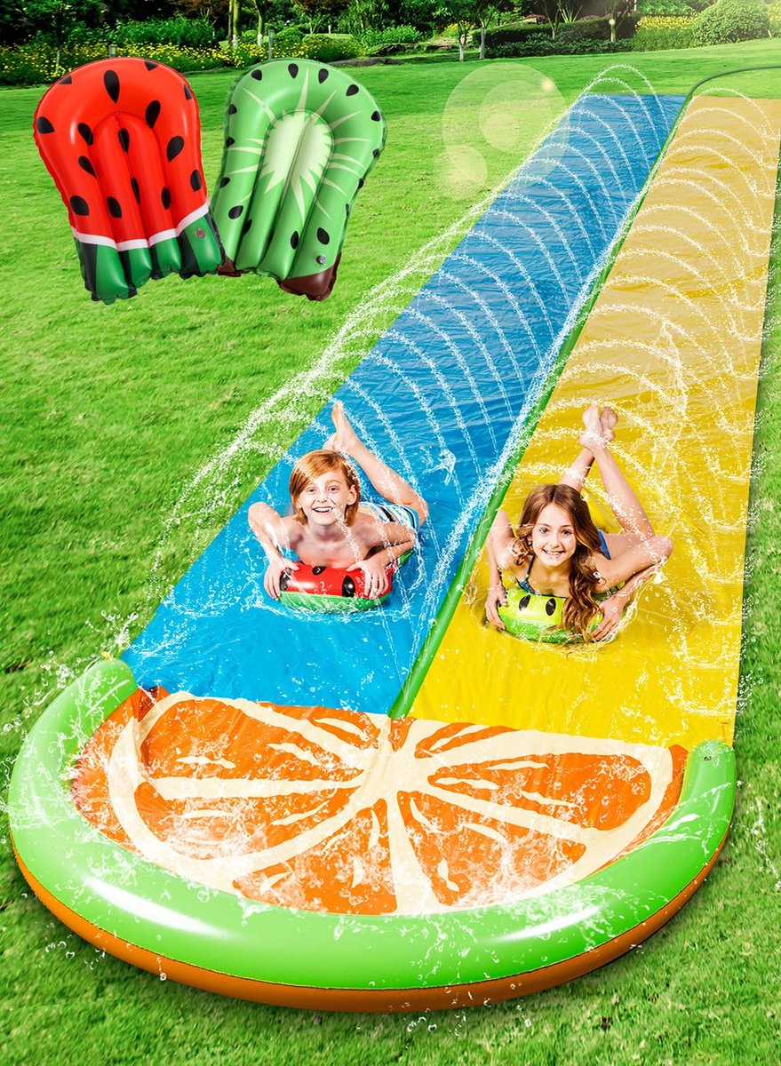 Unyqoos® Extra Lange Waterglijbaan Set 8,5 METER ! Met Gratis Dubbele Opblaasbare Planken en Sproeier voor Zomerplezier