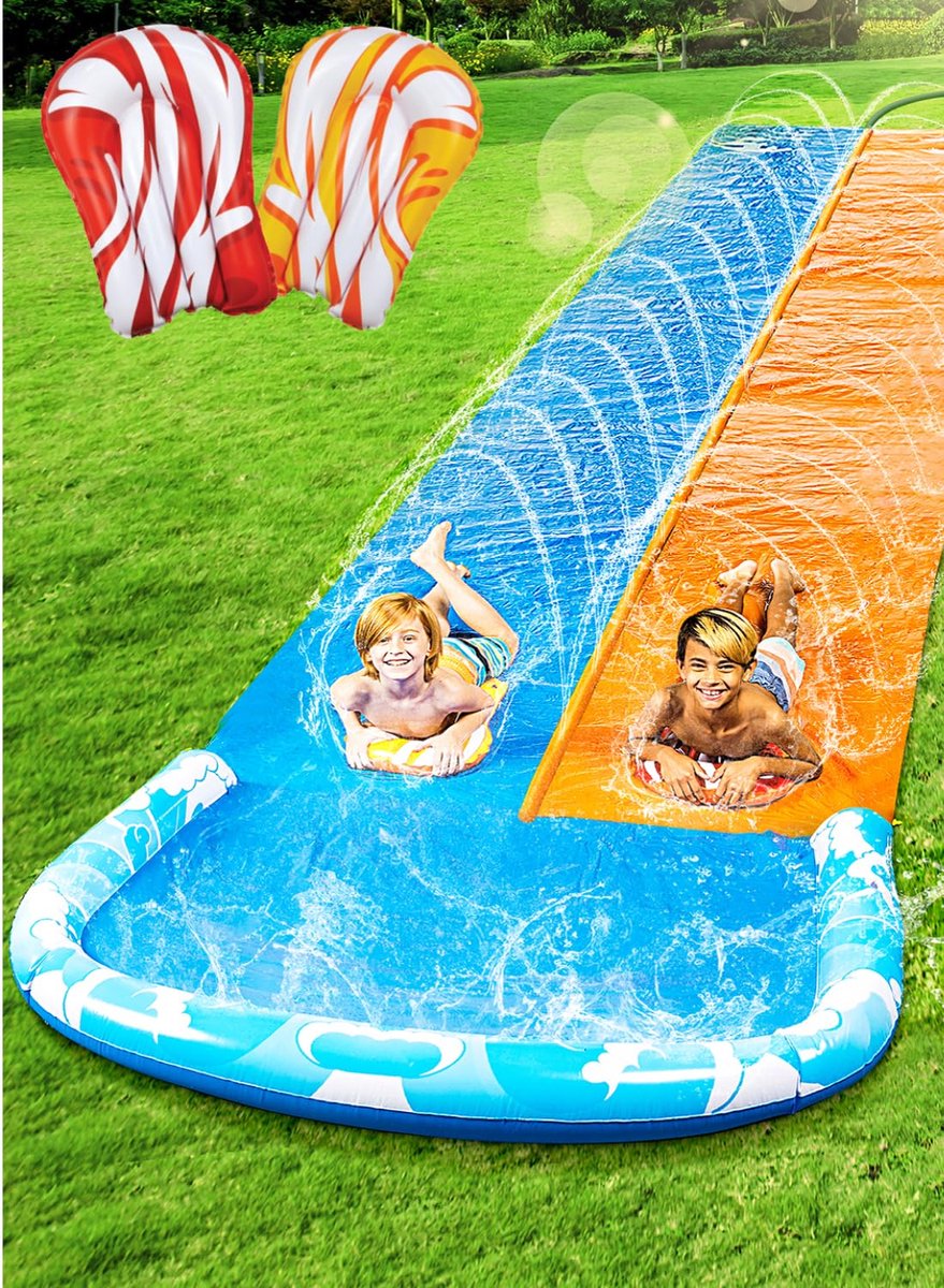 Unyqoos® Zomers Waterplezier Dubbele Waterglijbaan met Opblaasbare Bodyboards en Sprinkler 7 METER!