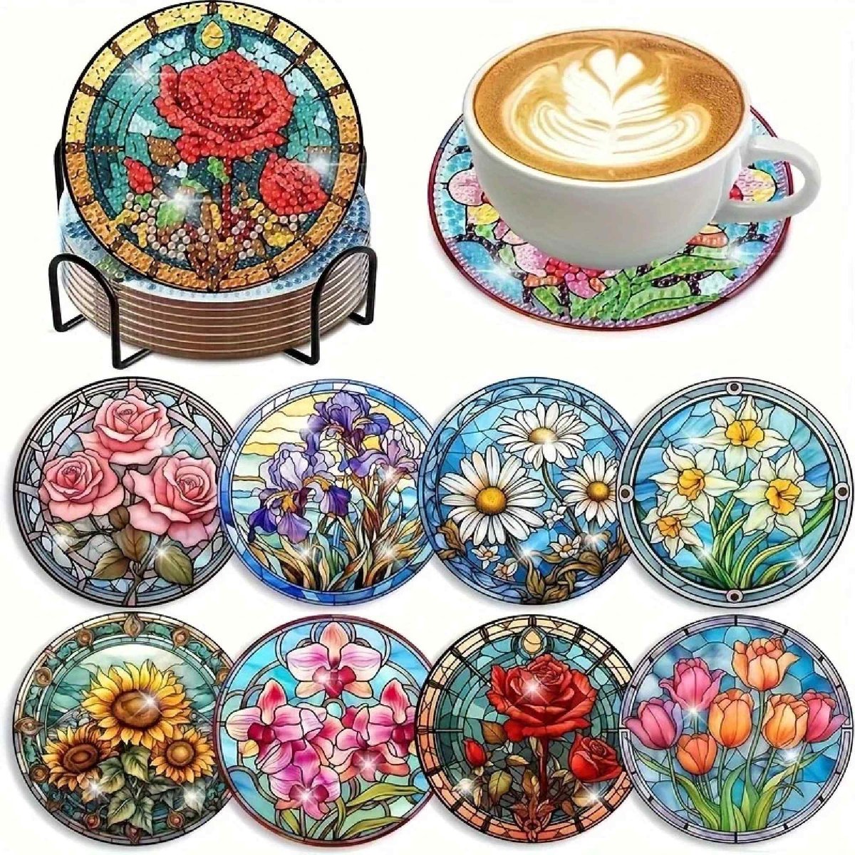 VDTOYS® DIAMOND PAINTING voor volwassenen - Bloemen 1 - Onderzetters - Coasters - Onderleggers - Ronde steentjes - 8 stuks - Compleet Hobbypakket - set Q BLOEMEN 1