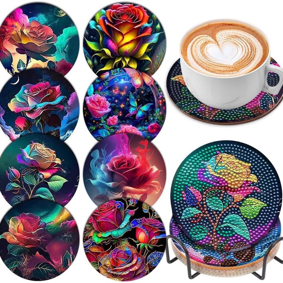 VDTOYS® DIAMOND PAINTING voor volwassenen - Met roosjes Onderzetters - Coasters - Onderleggers - Ronde steentjes - 8 stuks - Compleet Hobbypakket - set A - Rozen