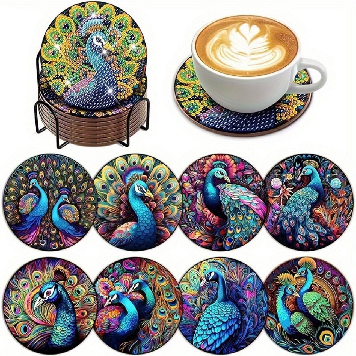 VDTOYS® DIAMOND PAINTING voor volwassenen - Onderzetters - Coasters - Onderleggers - Ronde steentjes - 8 stuks - Compleet Hobbypakket - set U 75 A Pauw