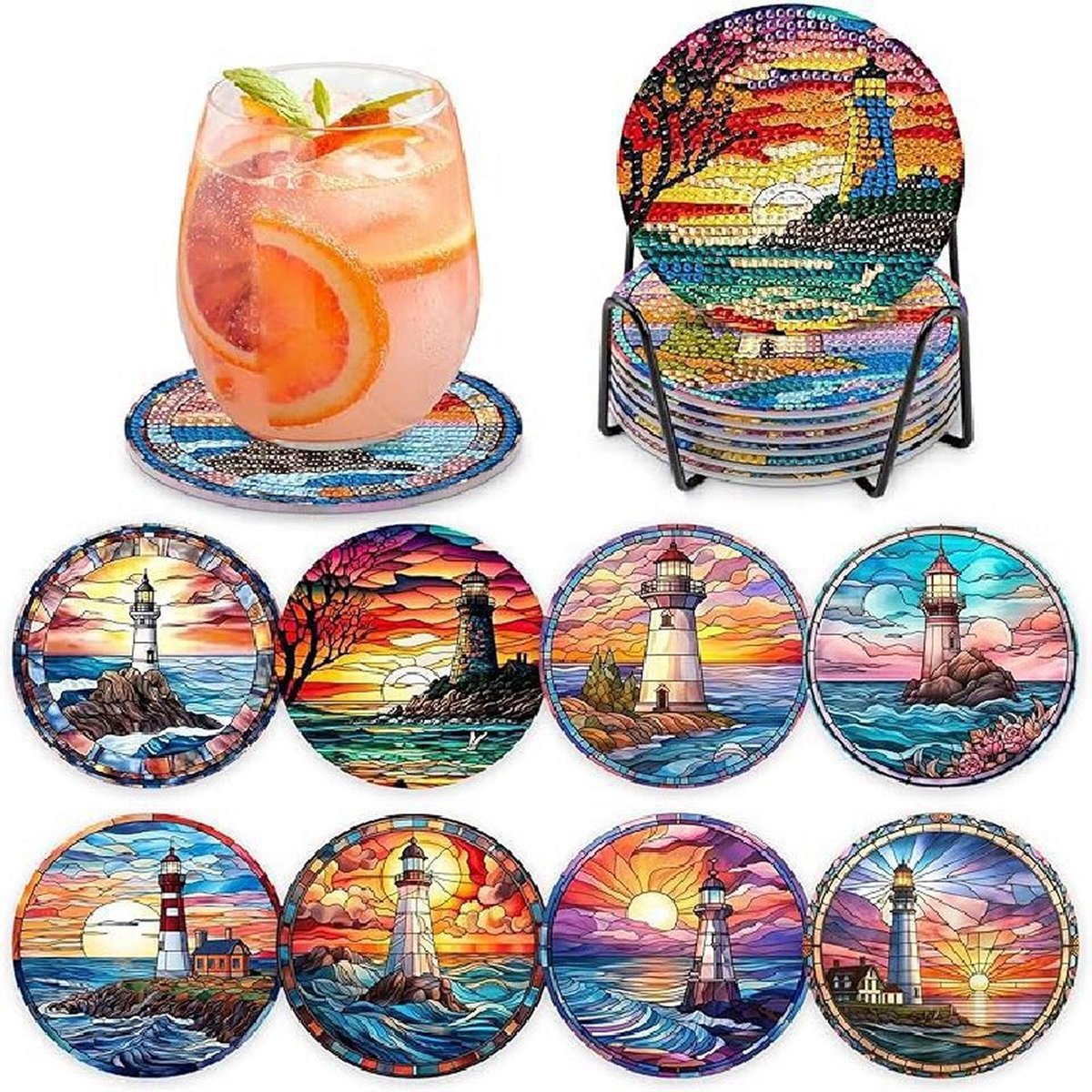 VDTOYS® DIAMOND PAINTING voor volwassenen - Onderzetters - Coasters - Onderleggers - Ronde steentjes - 8 stuks - Compleet Hobbypakket - set V Vuurtoren