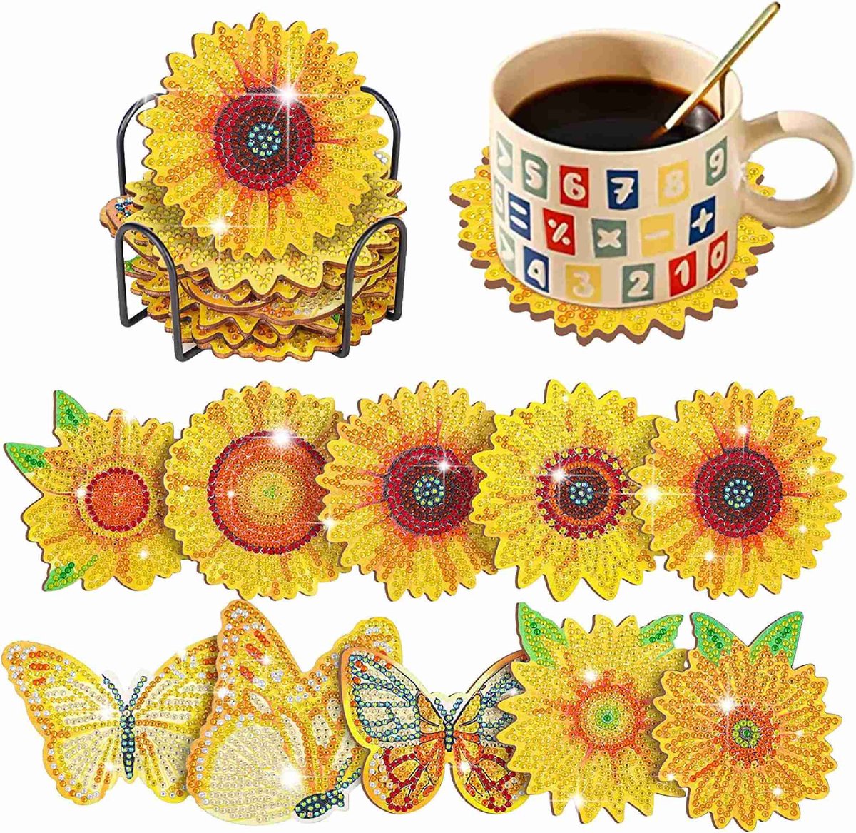 VDTOYS® DIAMOND PAINTING voor volwassenen - Zonnebloemen- Coasters - Onderleggers - Ronde steentjes - 10 stuks - Compleet Hobbypakket - set O