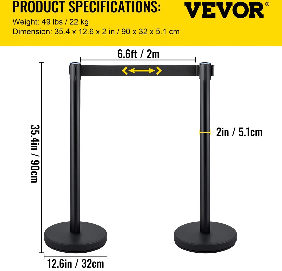 Afzetpaal - zwart - 4 Stuks - 2m Trekband - Kan Buiten Gebruikt Worden - Parkeerpaal