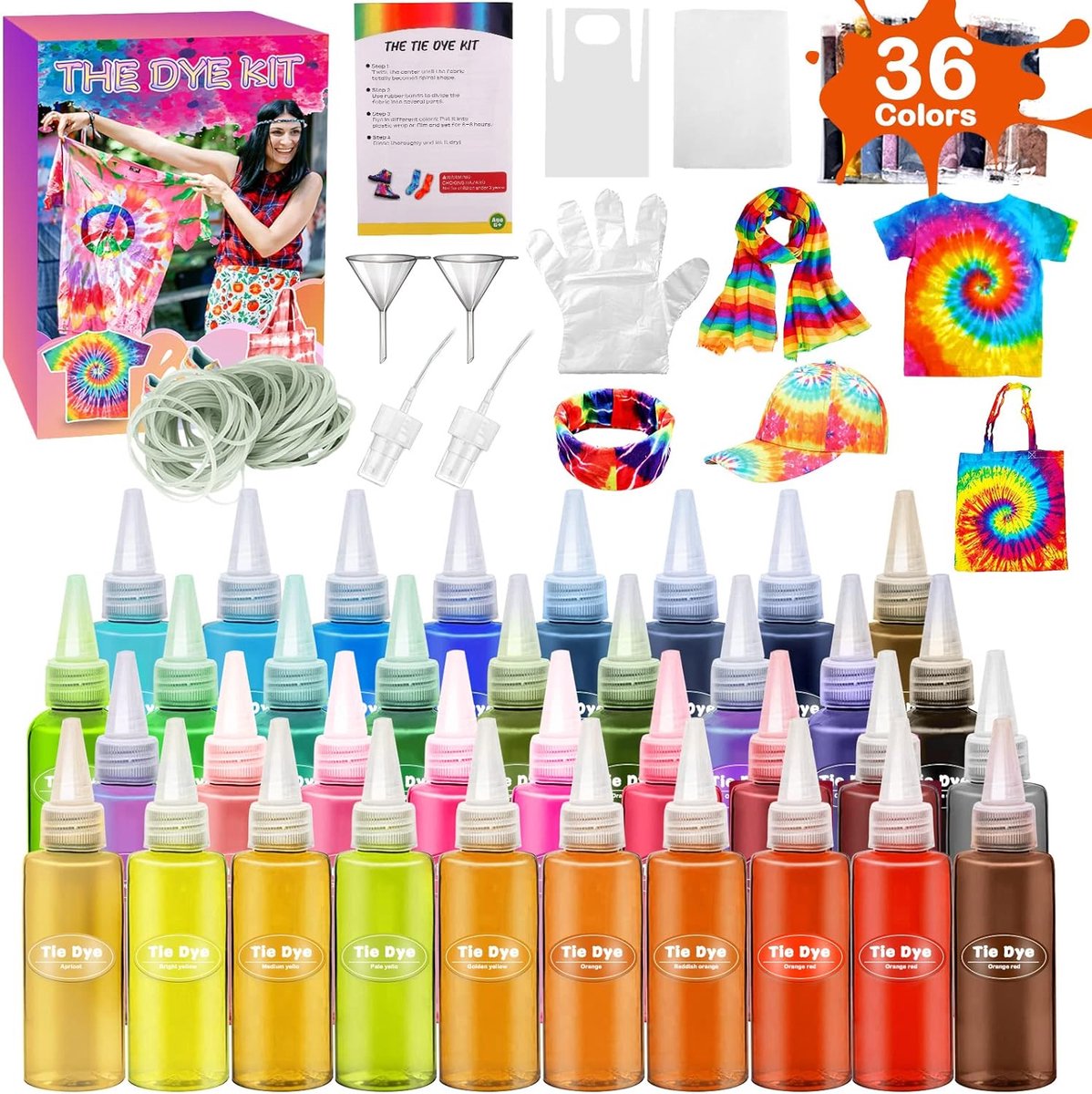Tie Dye Kit, 36 kleuren voor het verven van stof en kleding