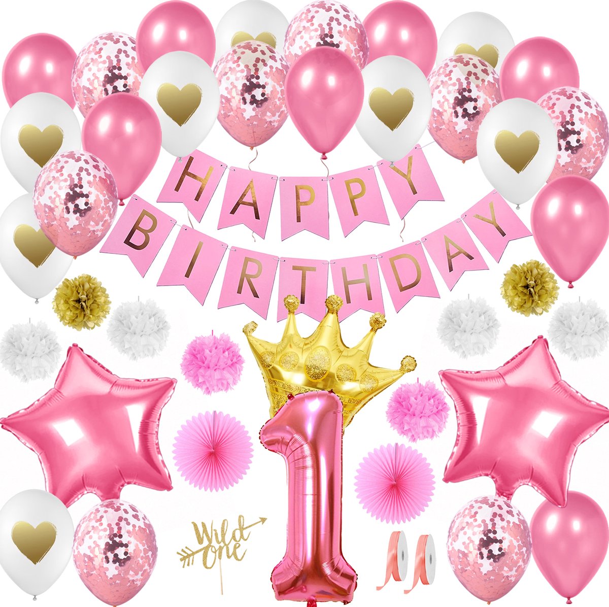 Baby’s 1e Verjaardag Versiering - Feestversiering - Happy Birthday - Feestpakket - Ballonnen - Slinger - 1 Jaar - Verjaardagsfeest - Feestartikelen - Feestdecoratie Roze