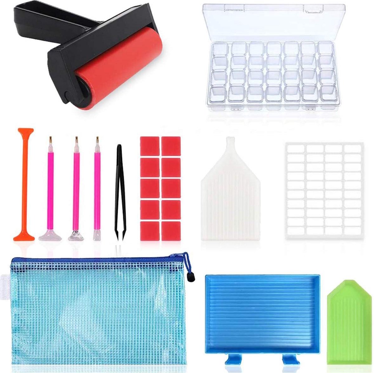 Diamond Painting Pakket met Opbergdoos en Roller - Plastic Pincet - Sorteerdoos - 28 Sorteerbakjes - Pennen - Wax - Stickers - Schudbakjes - Etui - Starterspakket - Toolkit  - Voordelig en Compleet Starten - Cadeau Tip
