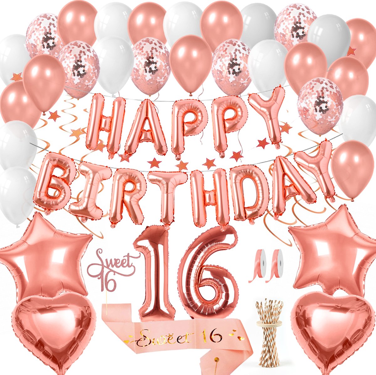 Vitamo™ Roségoud Sweet 16 - 16 Jaar Verjaardag Versiering- Feestversiering - Happy Birthday - Feestpakket - Ballonnen - Slinger - Verjaardagsfeest - Feestartikelen - Feestdecoratie Roze Goud