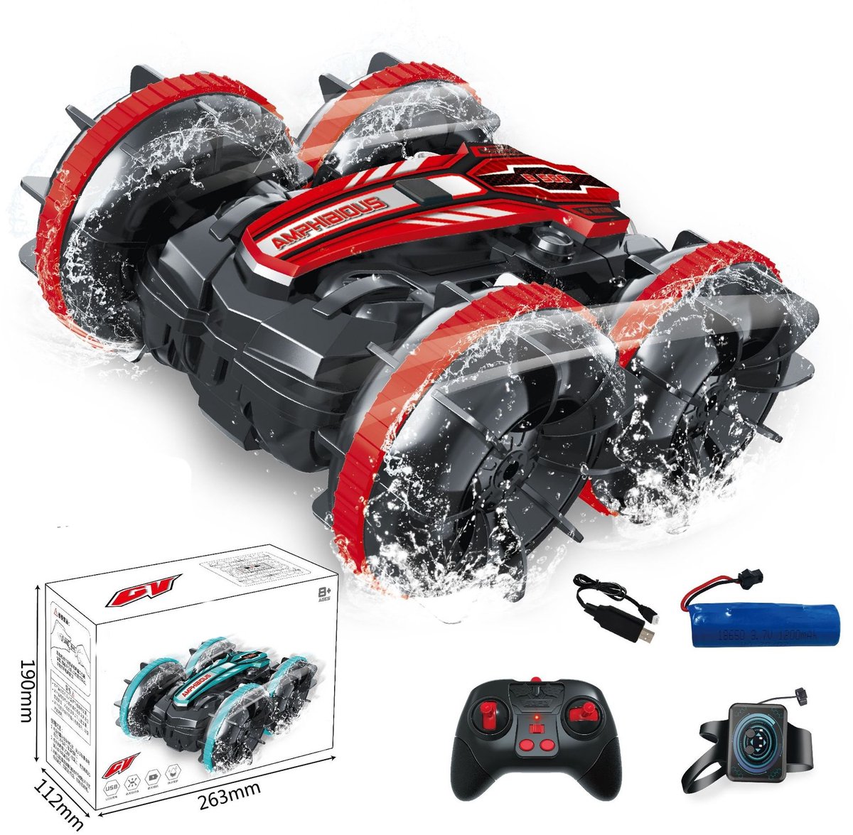 2.4GHz RC Amphibische Auto, Rood Dubbelzijdige Stuntwagen met Dual Remote