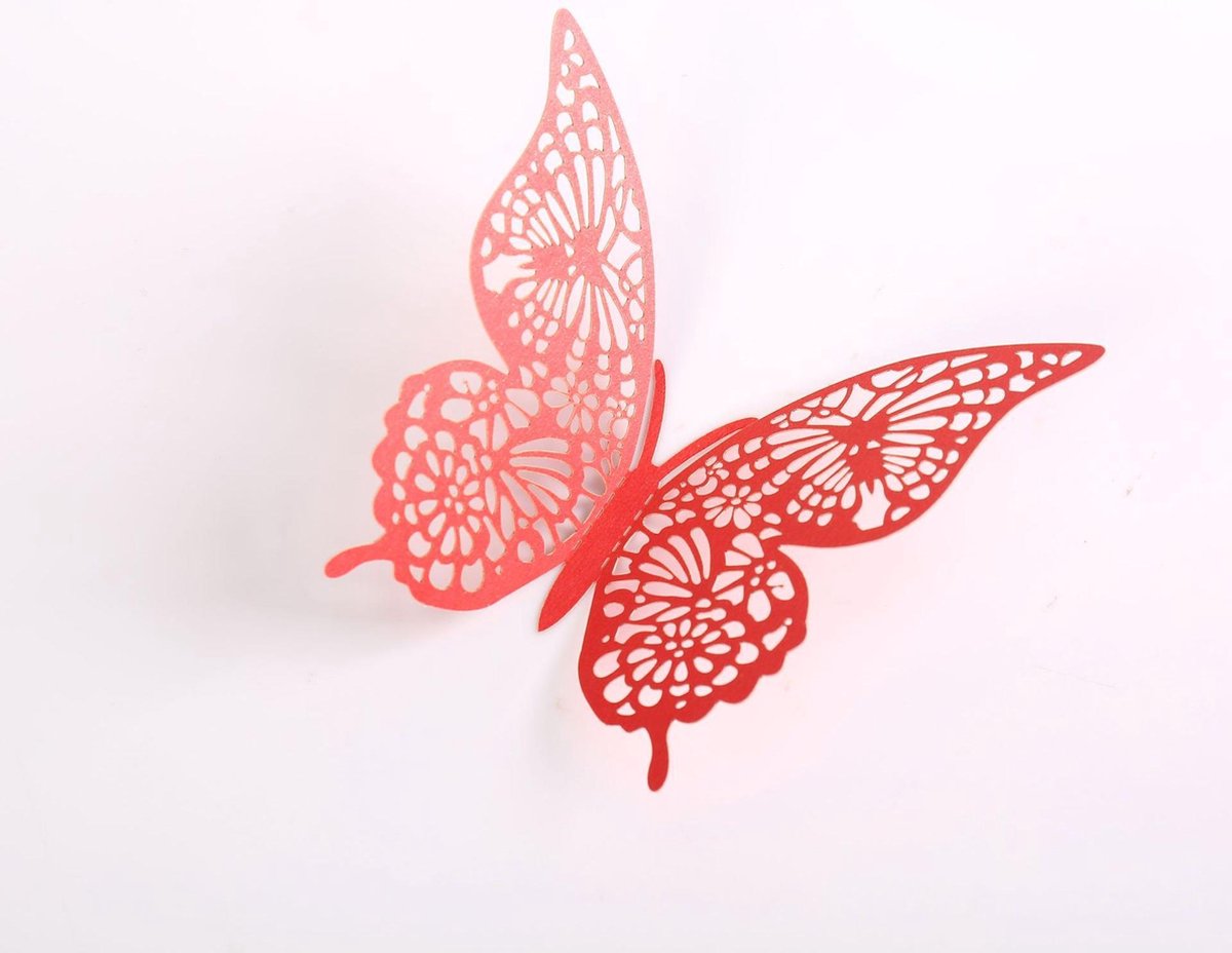 Cake topper decoratie vlinders - Muur decoratie met plakkers - 12 stuks - Rood - VL-02