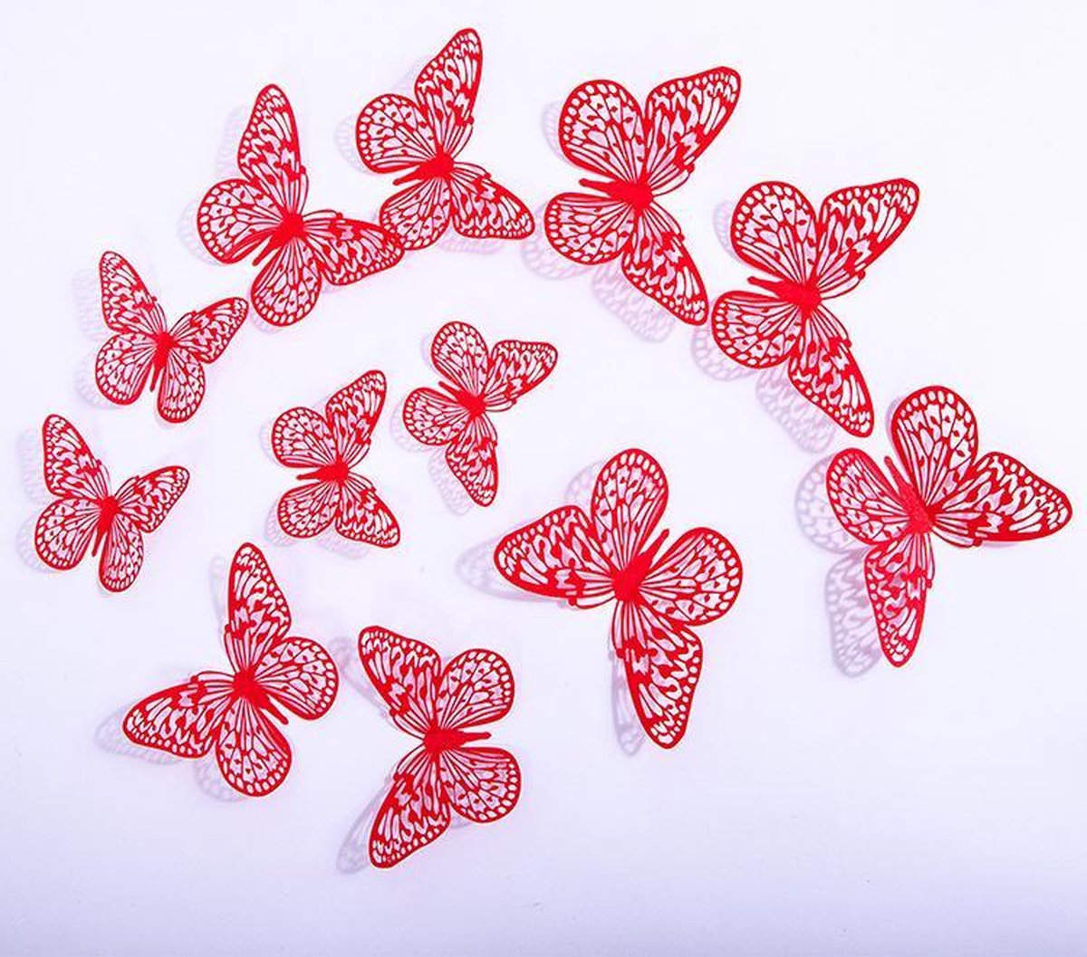 Cake topper decoratie vlinders - Muur decoratie met plakkers - 12 stuks - Rood - VL-03
