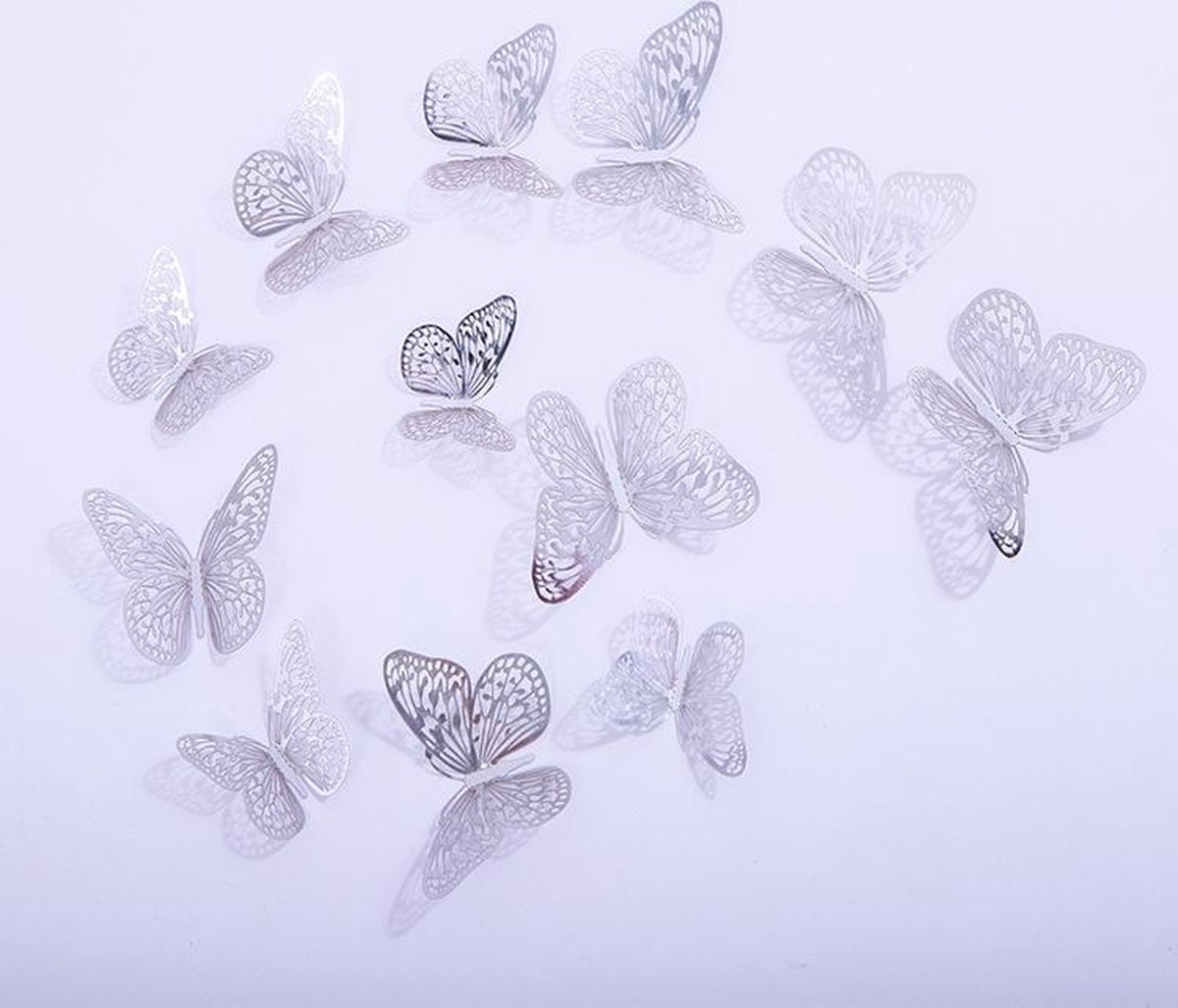 Cake topper decoratie vlinders - Muur decoratie met plakkers - 12 stuks - Zilver - VL-03