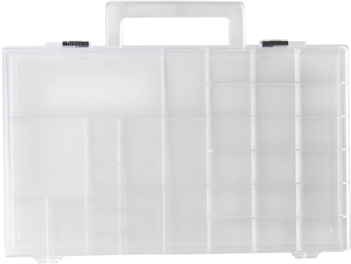 Opbergdoos met 33 vaste vakken in diverse maten om allerlei kralen, garen, steentjes en meer in te bewaren
