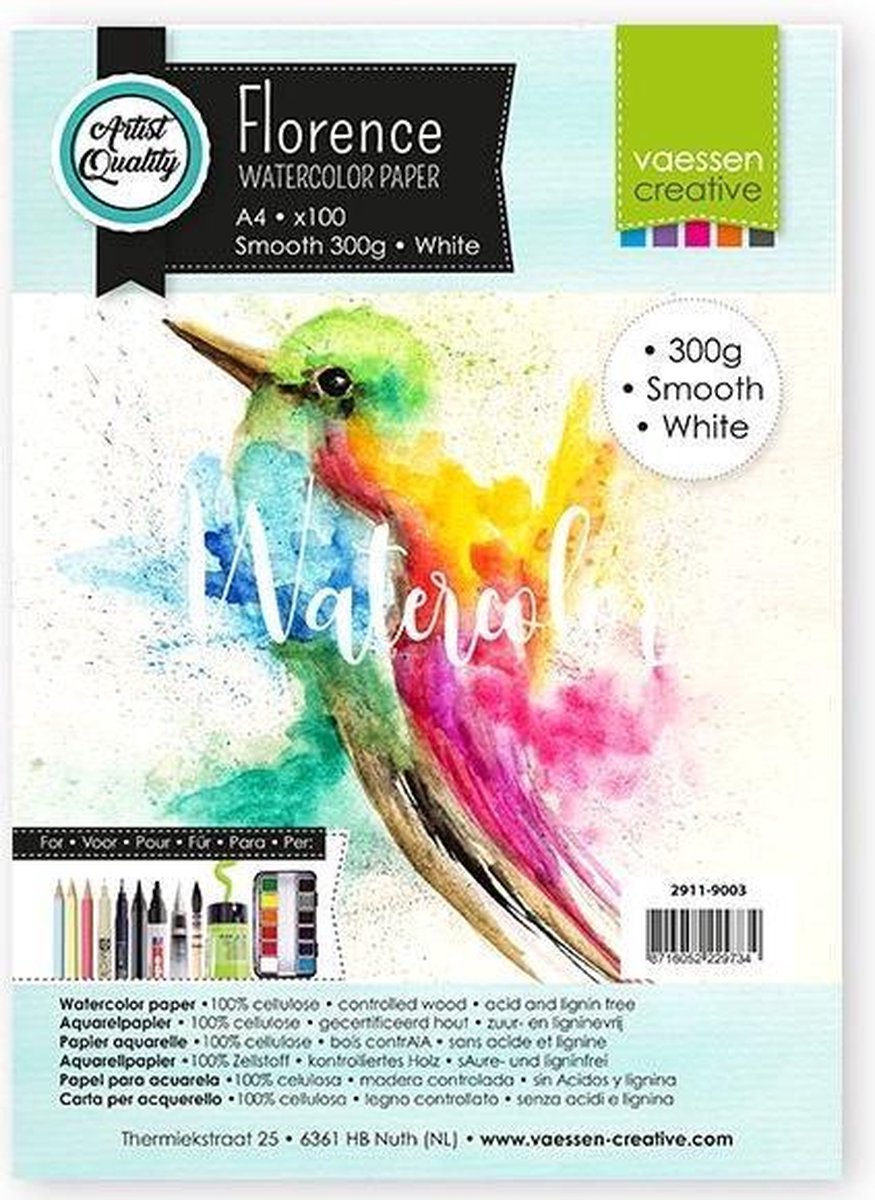Vaessen Creative Florence Aquarelpapier A4, Glad, Wit, 300 gram, 100 vellen voor Waterverven, Schilderen, Handlettering, Kunstprojecten en meer