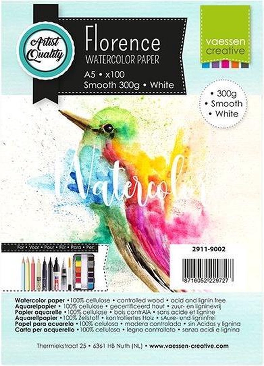Vaessen Creative Florence Aquarelpapier A5, Glad, Wit, 300 gram, 100 vellen voor Waterverven, Schilderen, Handlettering, Kunstprojecten en meer