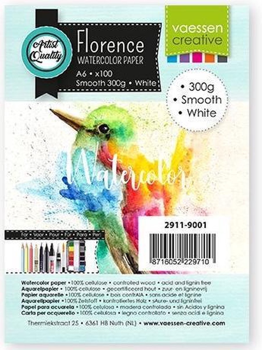 Vaessen Creative Florence Aquarelpapier A6, Glad, Wit, 300 gram, 100 vellen voor Waterverven, Schilderen, Handlettering, Kunstprojecten en meer