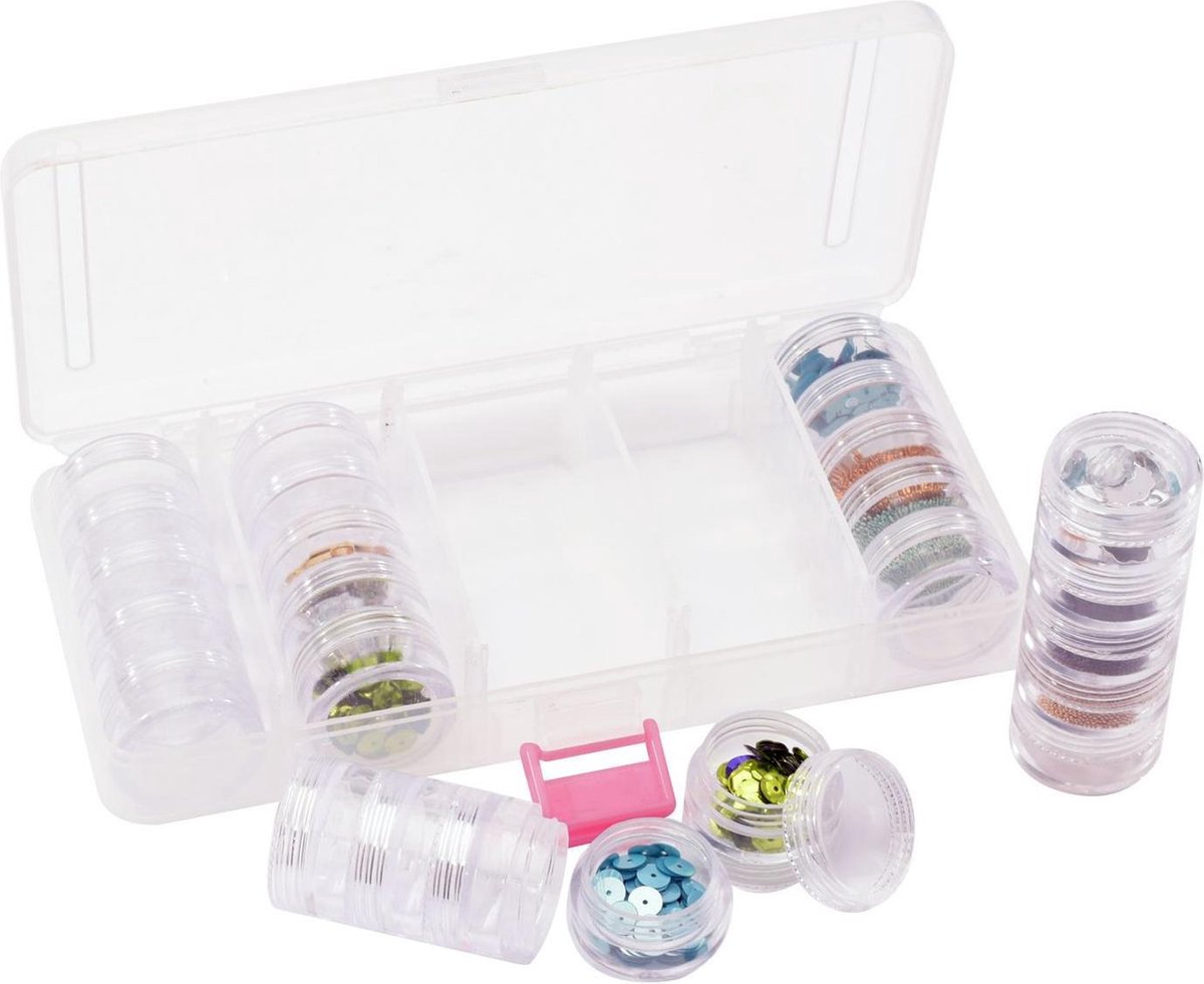 Vaessen Creative Opberg en Sorteerdoos met 25 Potjes, Voor Kralen, Diamond Painting Steentjes, Glitters en andere Kleine Knutselspullen, 18,5 x 8,5 x 3,2 cm