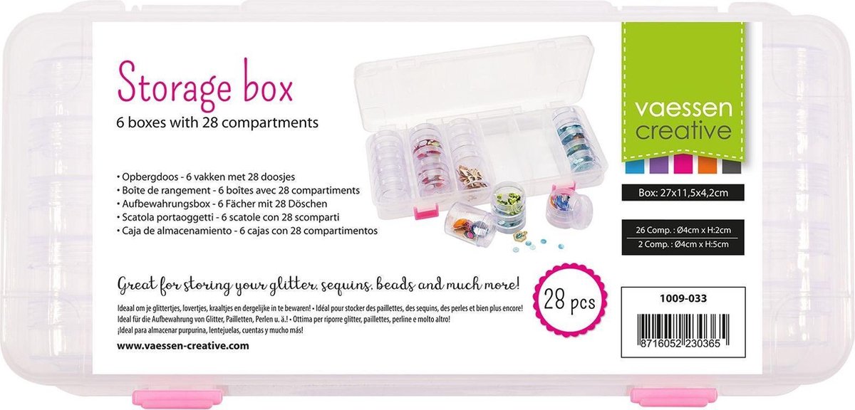 Vaessen Creative Opberg en Sorteerdoos met 28 Potjes, Voor Kralen, Diamond Painting Steentjes, Glitters en andere Kleine Knutselspullen, 27 x 11,5 x 4,2 cm