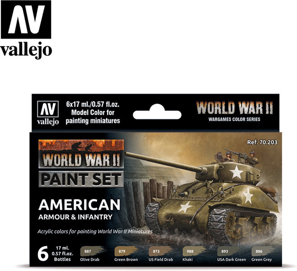 Vallejo val70203 - Model Color - WWII American Armour & Infantry Set 6 x 17 ml