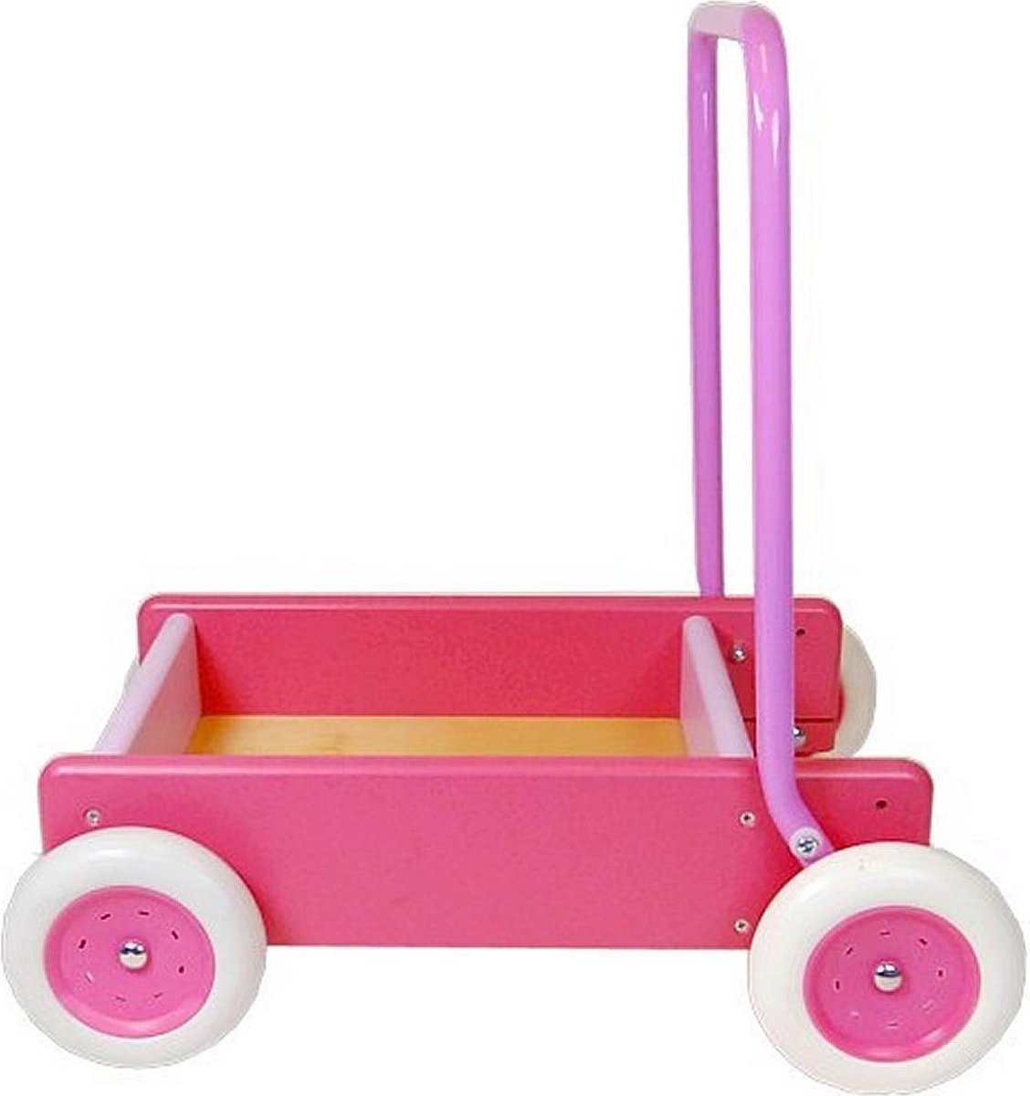 Van Bueren Houten Duwwagen met Leren Lopen Stand Roze