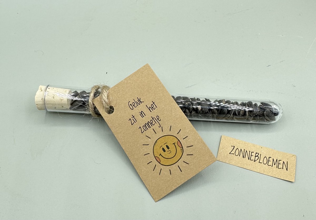10 stuks, Geluk zit in het zonnetje,zonnebloemen,reageerbuisje,kleine kadootjes,tuin kadootje,vrolijk,zonnig, relatiegeschenk,kleine attentie,