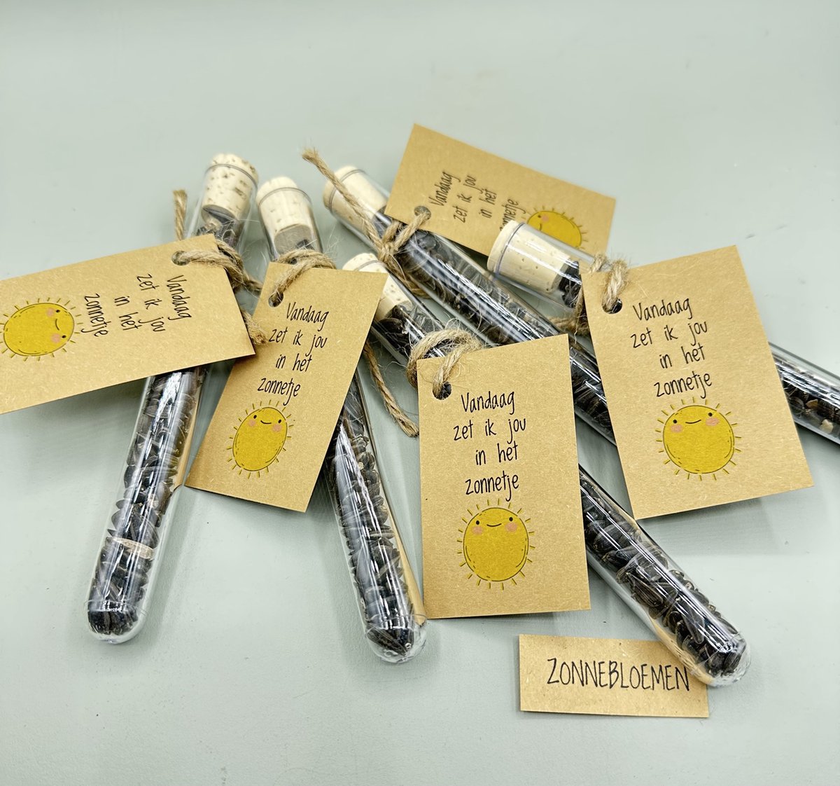 10 stuks, Vandaag zet ik jou in het zonnetje, zonnebloemen,reageerbuisje,kleine kadootjes, bloemenzaden, uitdeelkadootje,relatiegeschenk,vrolijk,zonnig,een bloemetje,