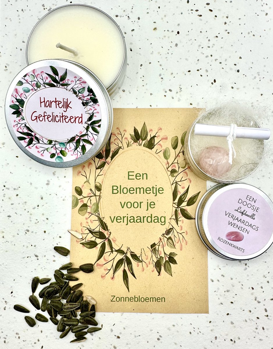 Een Bloemetje voor je verjaardag, kaars Hartelijk Gefeliciteerd, Rozenkwarts verjaardag kaars , zonnebloemen, jarig, brievenbuskadootje, verjaardag,