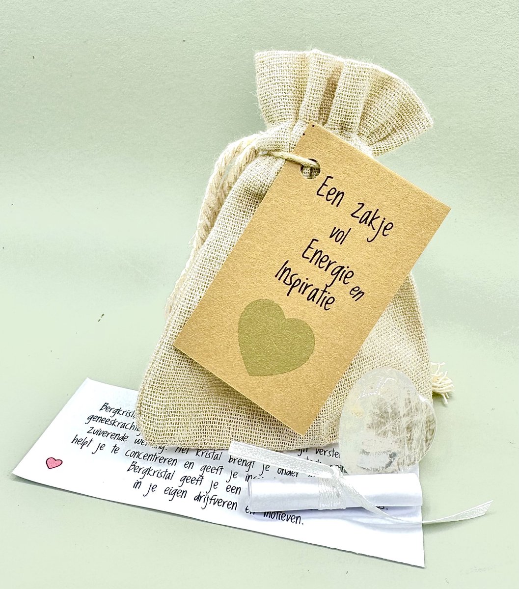 Een zakje vol energie en inspiratie, bergkristal, hart,klein kadootje, brievenbus kadootje, natuursteen,