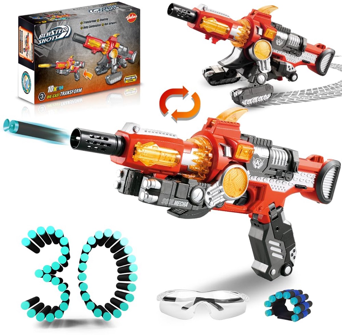 VATOS Kids Foam Blaster Speelgoed pistool - 2 in 1 Deformatie Buitenspeelgoed Zachte Kogel Speelgoed Geweer met 30 Darts Foam Blasters Speelgoed Cadeau voor 6+