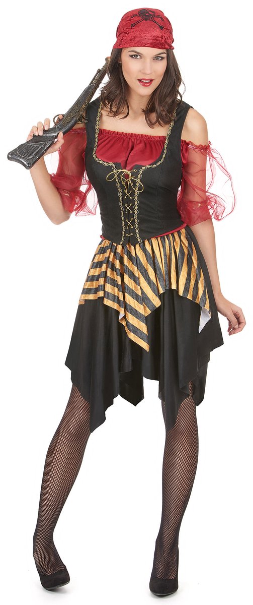   - Zwart rood en goudkleurig piratenkostuum voor vrouwen