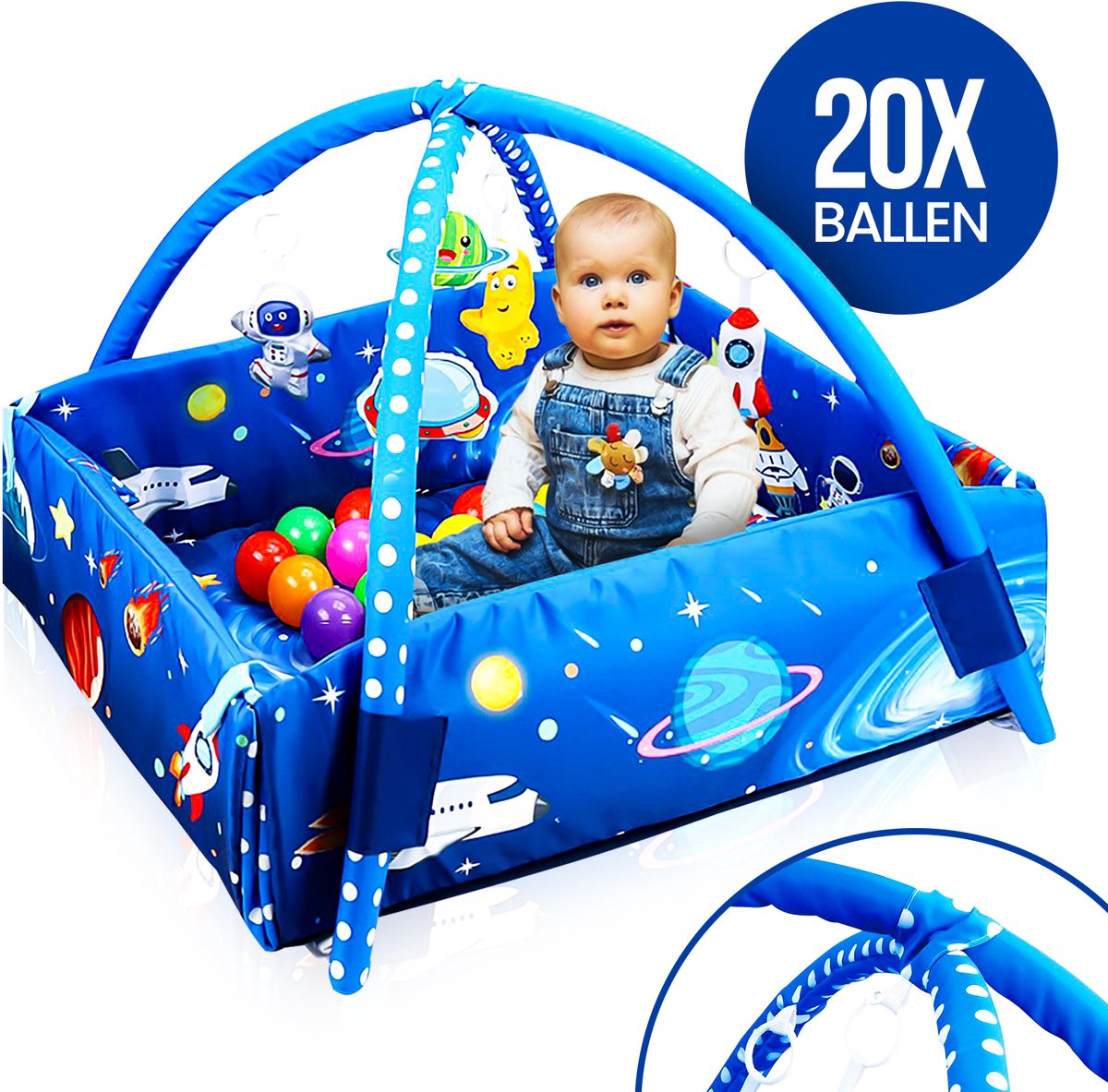 Velox Goods VL-505 Baby Speelkleed met Ruimtemotief – 5-in-1 Gym, Ballenbak en Activiteitenmat – Inclusief Hangspeeltjes – Vanaf 0 Maanden – 58x70 cm – Zacht & Wasbaar