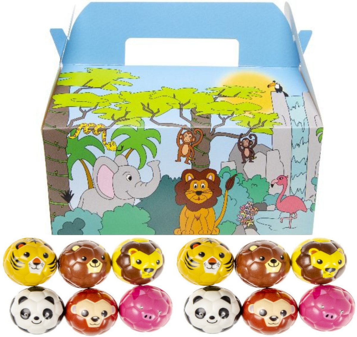 Menubox Jungle + bal met dierengezicht 63 mm - set van 12 stuks - traktatie uitdeel doosje kinderfeestje