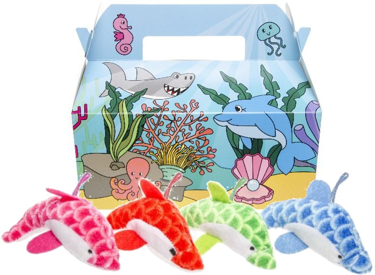 Menubox zee + pluche dolfijn - set van 12 stuks - traktatie uitdeel doosje kinderfeestje