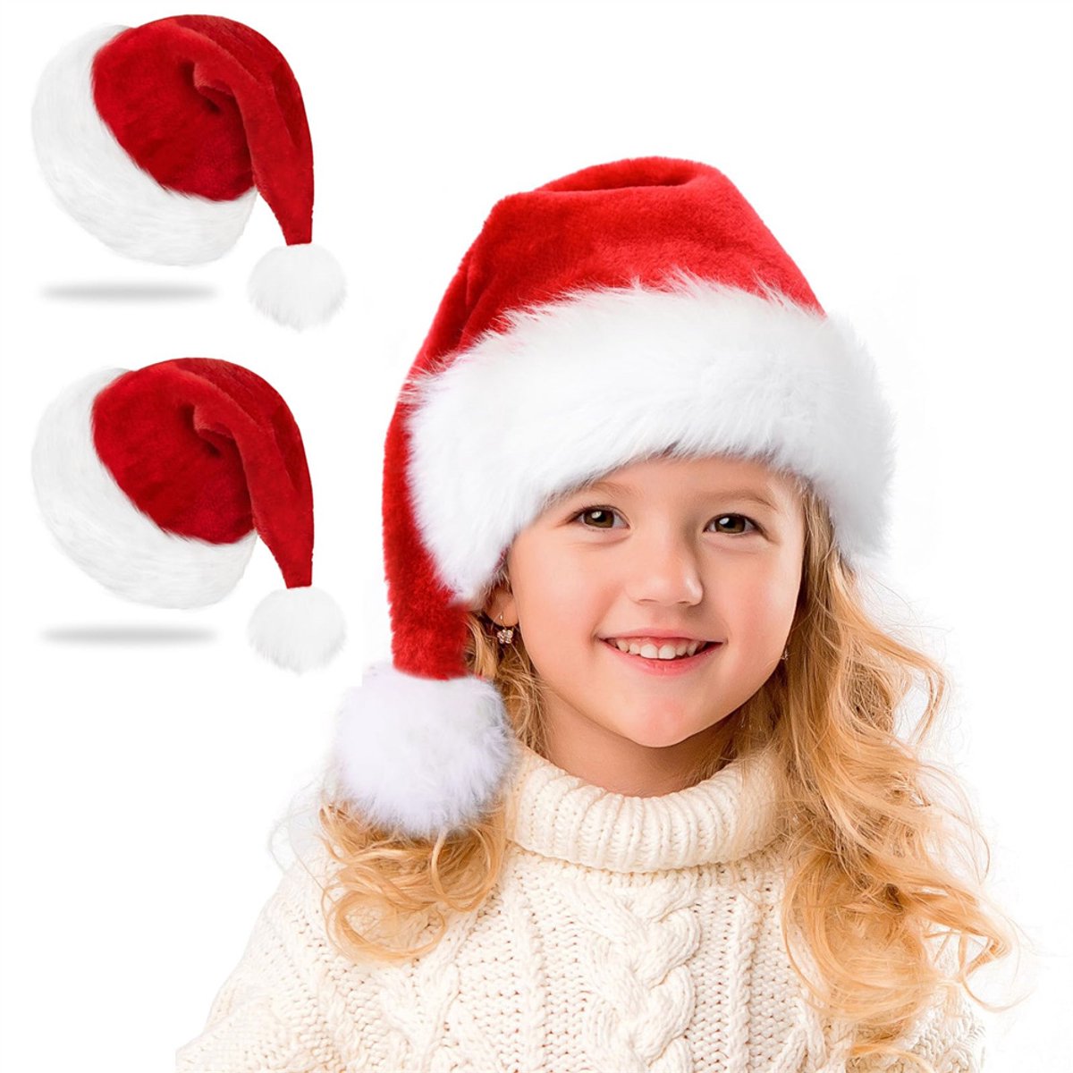 2 stuks Kerstmuts voor kinderen, unisex dubbellaags fluwelen kerstkerstmuts, klassieke kerstmuts voor nieuwjaar, Kerstmis, feestdecoratie - Kerstaccessoires/kerst verkleedaccessoires, (Kinderstijlen)
