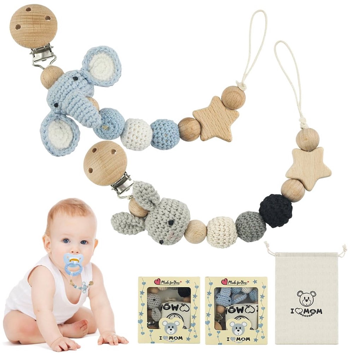 2 stuks handgemaakte speenketting, konijnenontwerp en blauwe olifant, cadeau voor babyshower - verjaardag of kerstkeuze