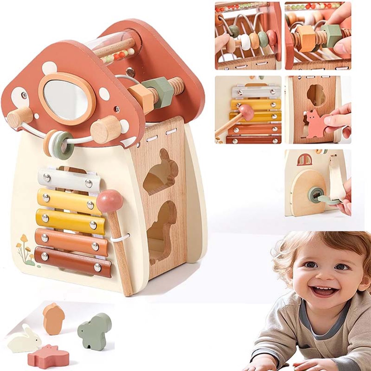5-in-1 houten kinderspeelgoed - Paddestoelvormig speelgoed - Motorische vaardigheidsspeelgoed - Educatief babyspeelgoed - Geschikt voor jongens en meisjes vanaf 1 jaar