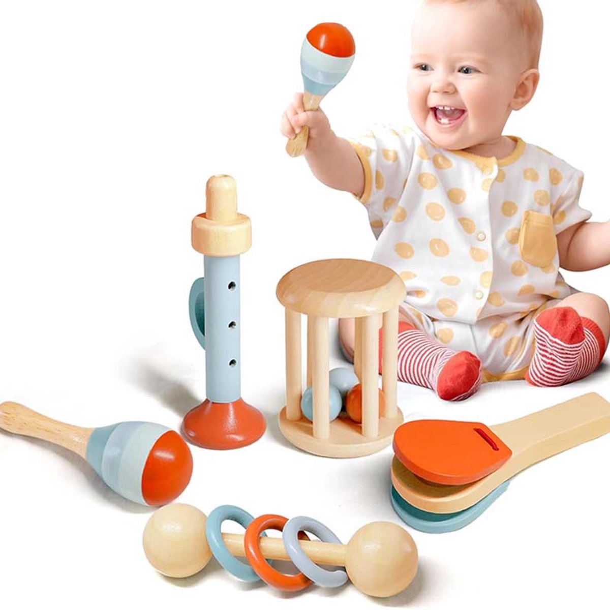 5 stuks houten babyspeelgoed - Baby rammelaars en muziekinstrumenten - Zintuiglijke ontwikkelingsspellen - Kalmerend bedmobiel voor babys - Educatief speelgoed voor 3-12 maanden