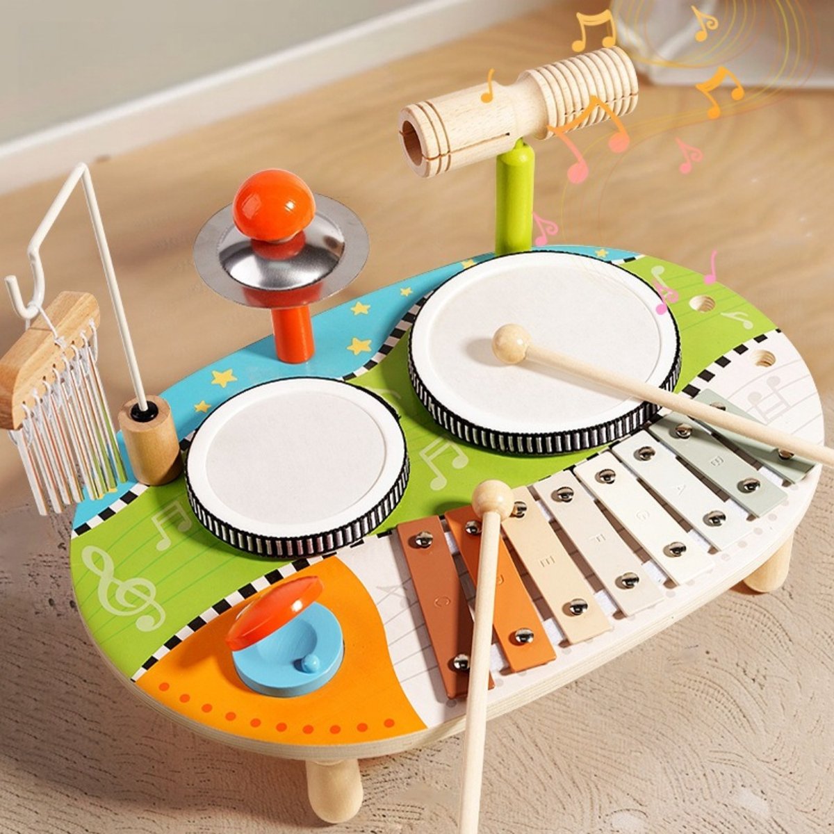 6-in-1 Educatief Percussiespeelgoed Voor Kinderen - Houten Drumstel, Xylofoon, Windgong, Muziekset Voor Peuters, Sensorisch Speelgoed, Geschikt Vanaf 1 Jaar, Montessori-percussiespeelgoed