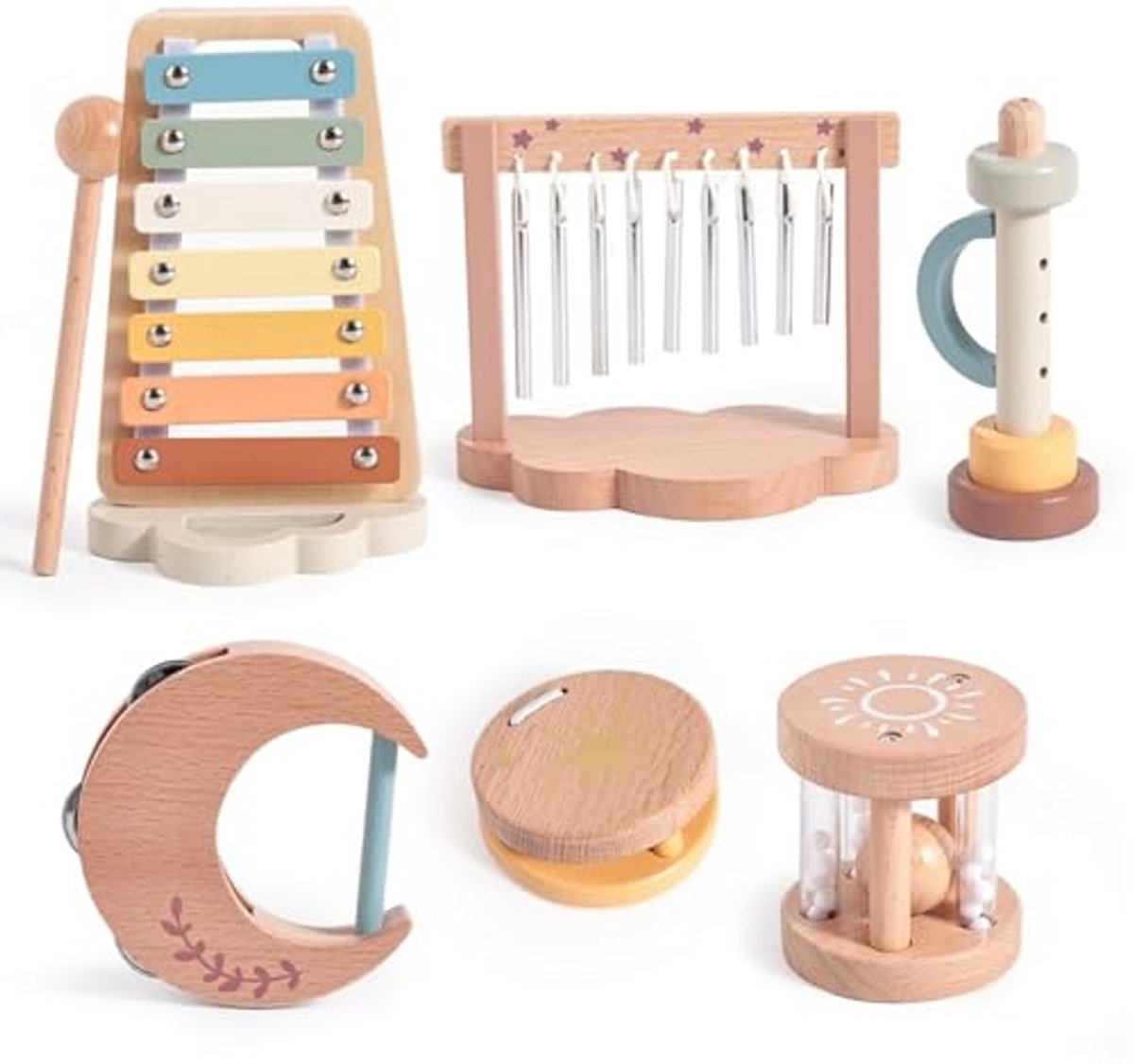 6 stuks muziekinstrumenten voor kinderen van 1, 2 en 3 jaar, Montessori muziekspeelgoed voor babys, muziekinstrumenten houten speelgoedset met xylofoon, fluit castagnetten, cadeau voor peuters meisjes jongens