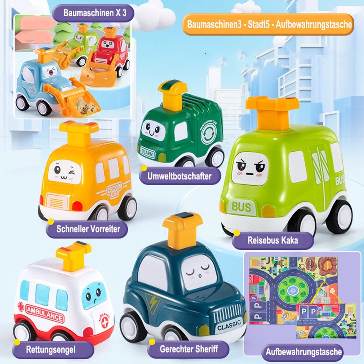 8-delige Speelgoedautoset Voor Kinderen Met Cartoons - Push-Back Cars - Inclusief Speelmat En Opbergtas - Miniautos - Educatief Speelgoed Voor Babys En Peuters - Cadeau Voor Eerste Verjaardag