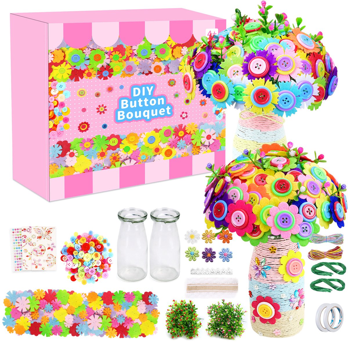 Bloemenknutselset - Bloemenknutselset met vilten knopen - Vilten bloemen, bloemenvaas, doe-het-zelf knutselset - Cadeaus voor meisjes - Roze