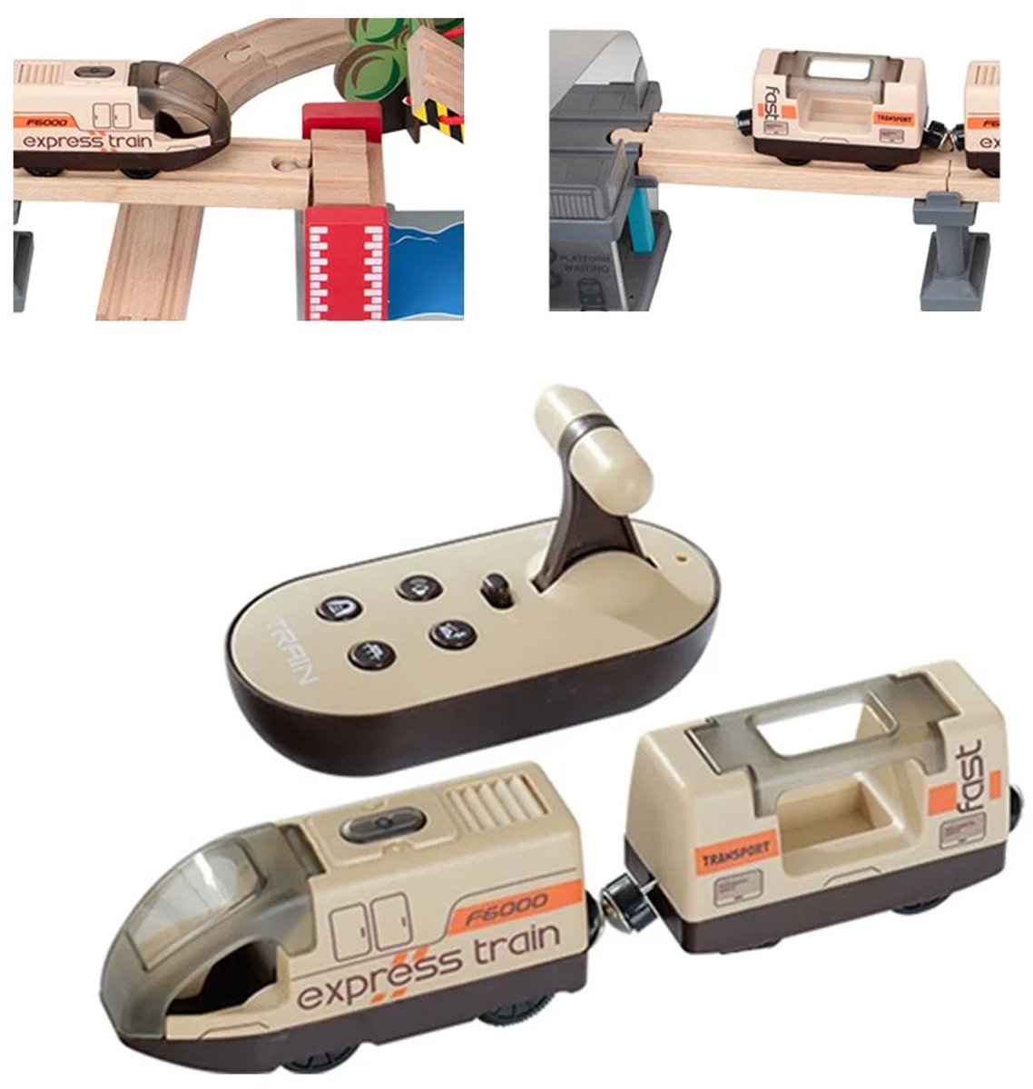Elektrische afstandsbedieningstrein, compatibel met houten rails, gemotoriseerde trein met afstandsbediening, 4 geluids- en lichteffecten voor kinderen van 3, 4, 5 jaar en ouder, beige