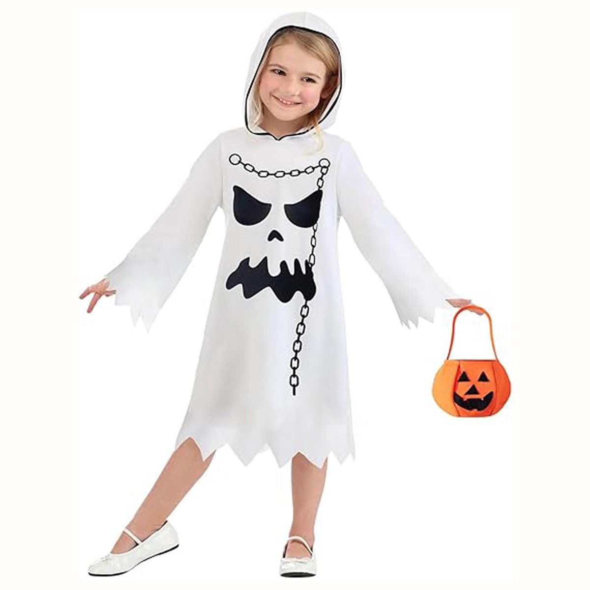 Halloween kindermantel witte spookmantel Cosplay themafeest verkleedkostuum-Kinderen Halloween spook wit kostuum kinderen met pompoenzak-Geschikt voor kinderen van 140 cm lang-Nieuwe versie
